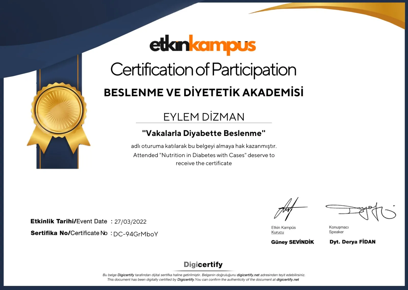 Vakalarla Diyabette Beslenme belgesi – Etkin Kampüs