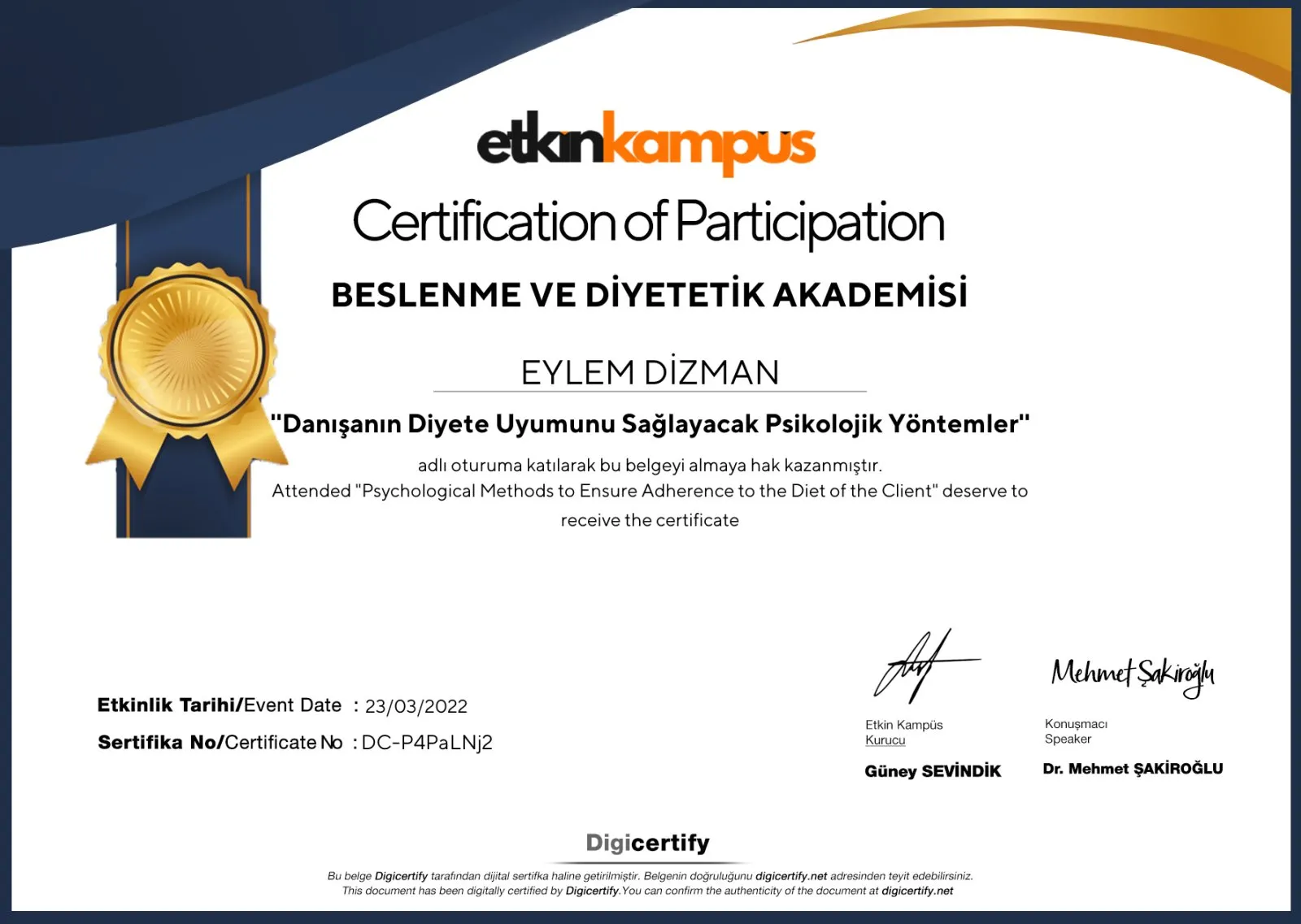 Danışanın Diyete Uyumunu Sağlayacak Psikolojik Yöntemler belgesi – Etkin Kampüs