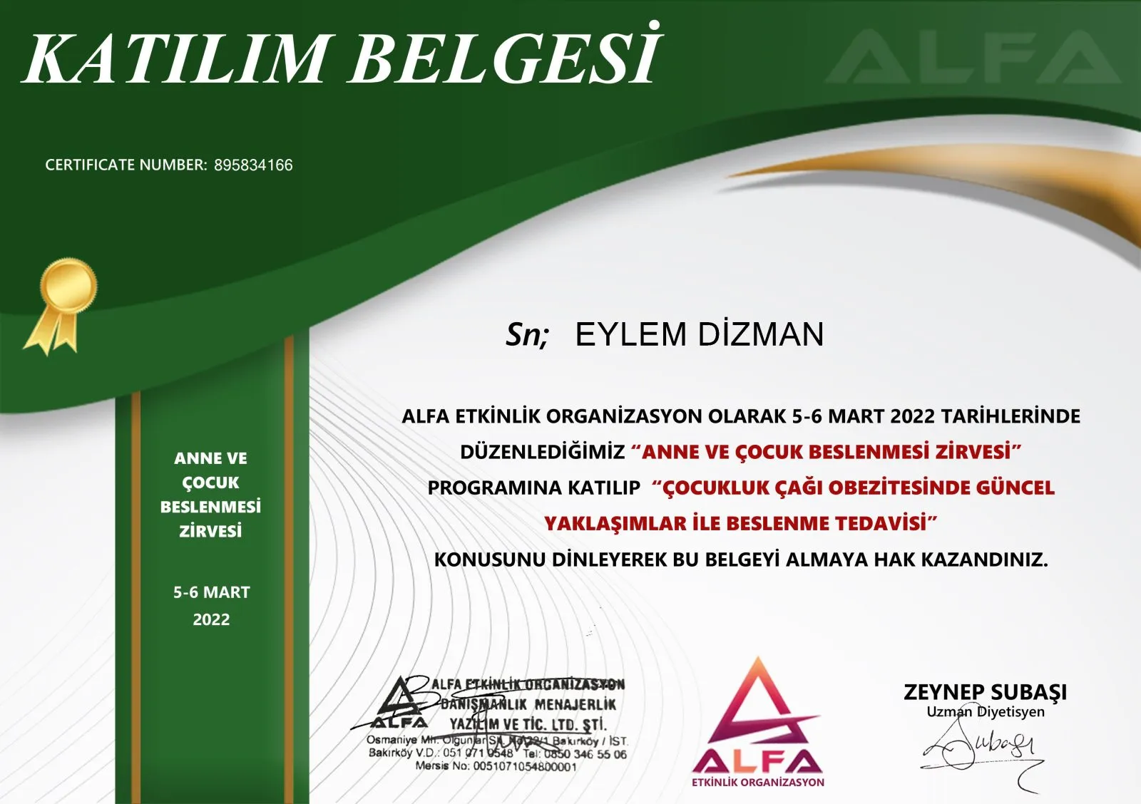 Çocukluk Çağı Obezitesinde Güncel Yaklaşımlar ile Beslenme Tedavisi belgesi – ALFA Etkinlik Organizasyon