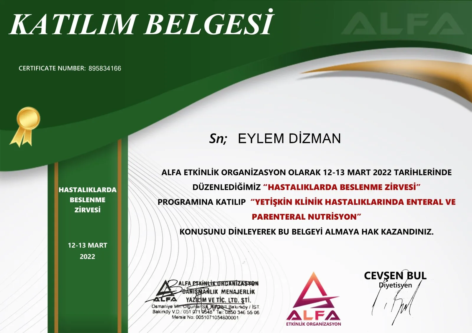 Yetişkin Klinik Hastalıklarında Enteral ve Parenteral Nutrisyon belgesi – ALFA Etkinlik Organizasyon