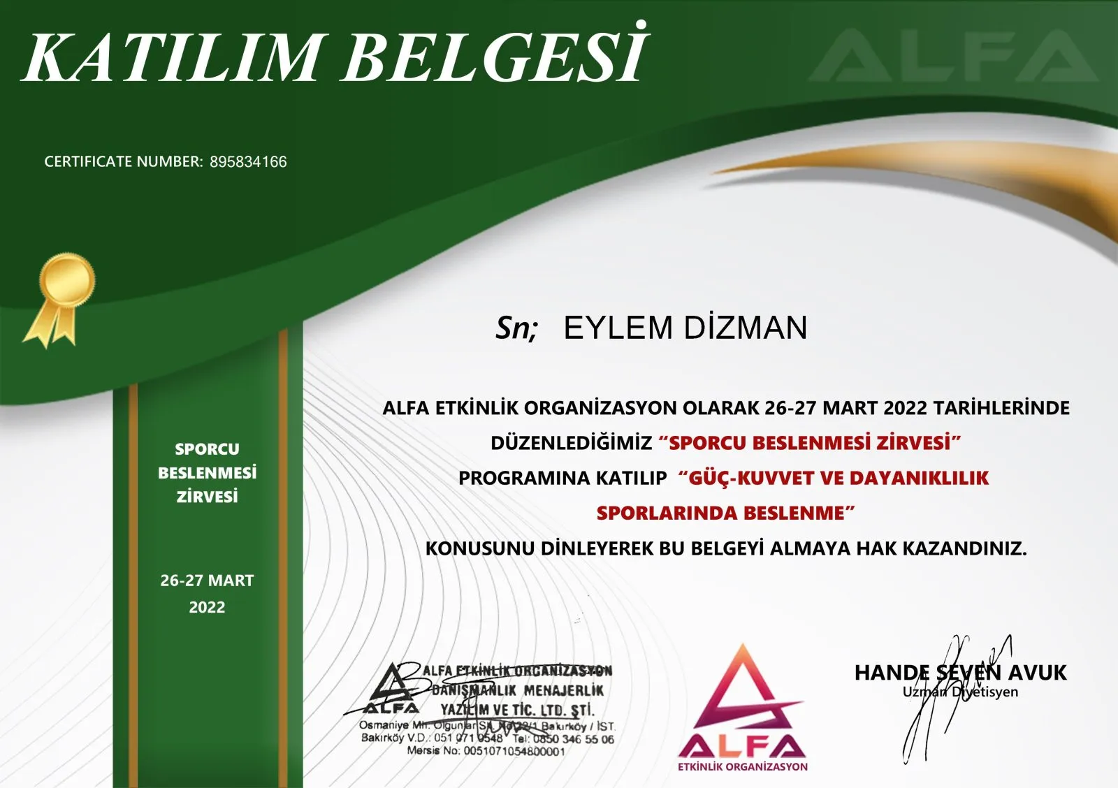 Güç-Kuvvet ve Dayanıklılık Sporlarında Beslenme belgesi – ALFA Etkinlik Organizasyon