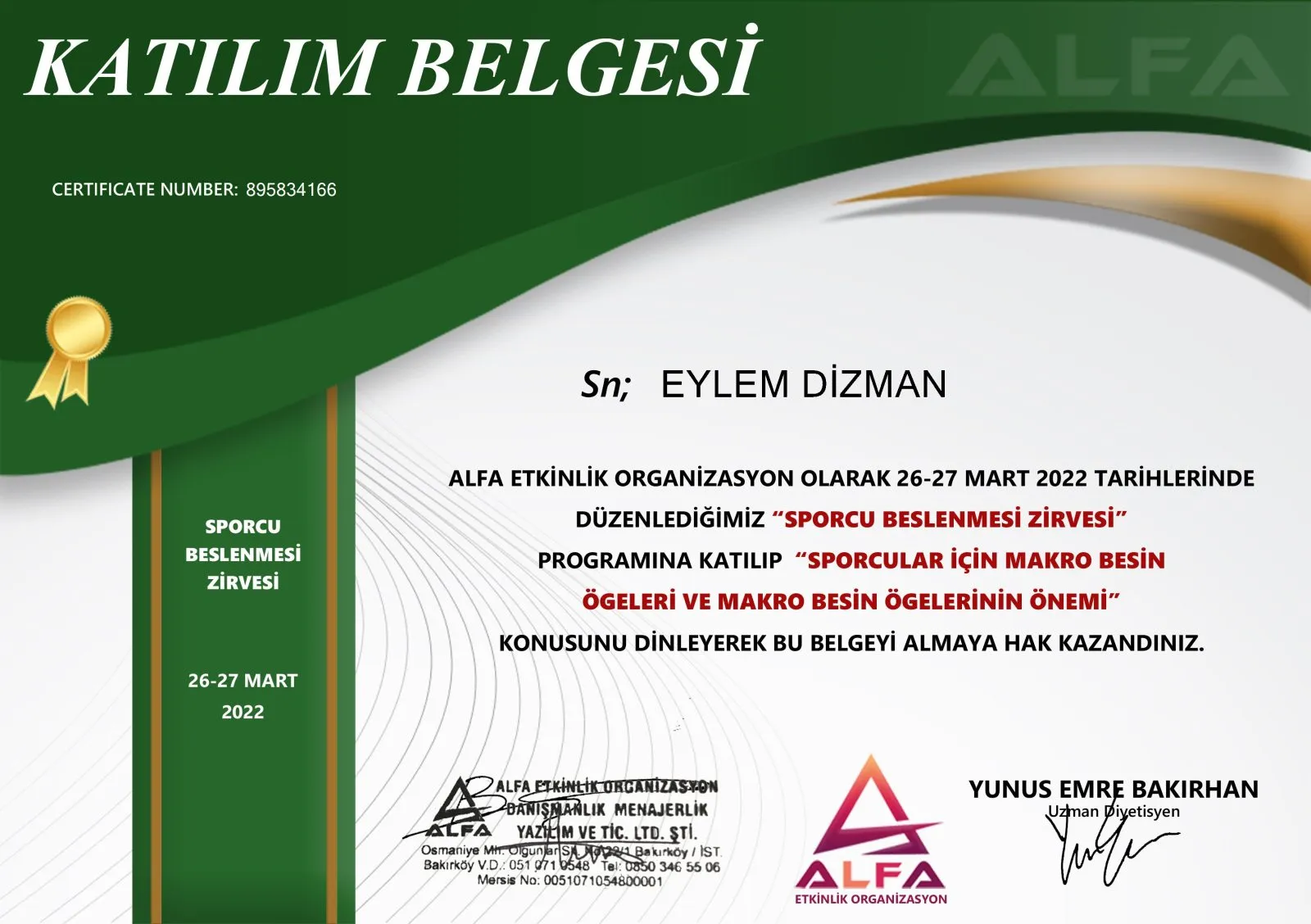 Sporcular İçin Makro Besin Öğeleri ve Makro Besin Öğelerinin Önemi belgesi – ALFA Etkinlik Organizasyon