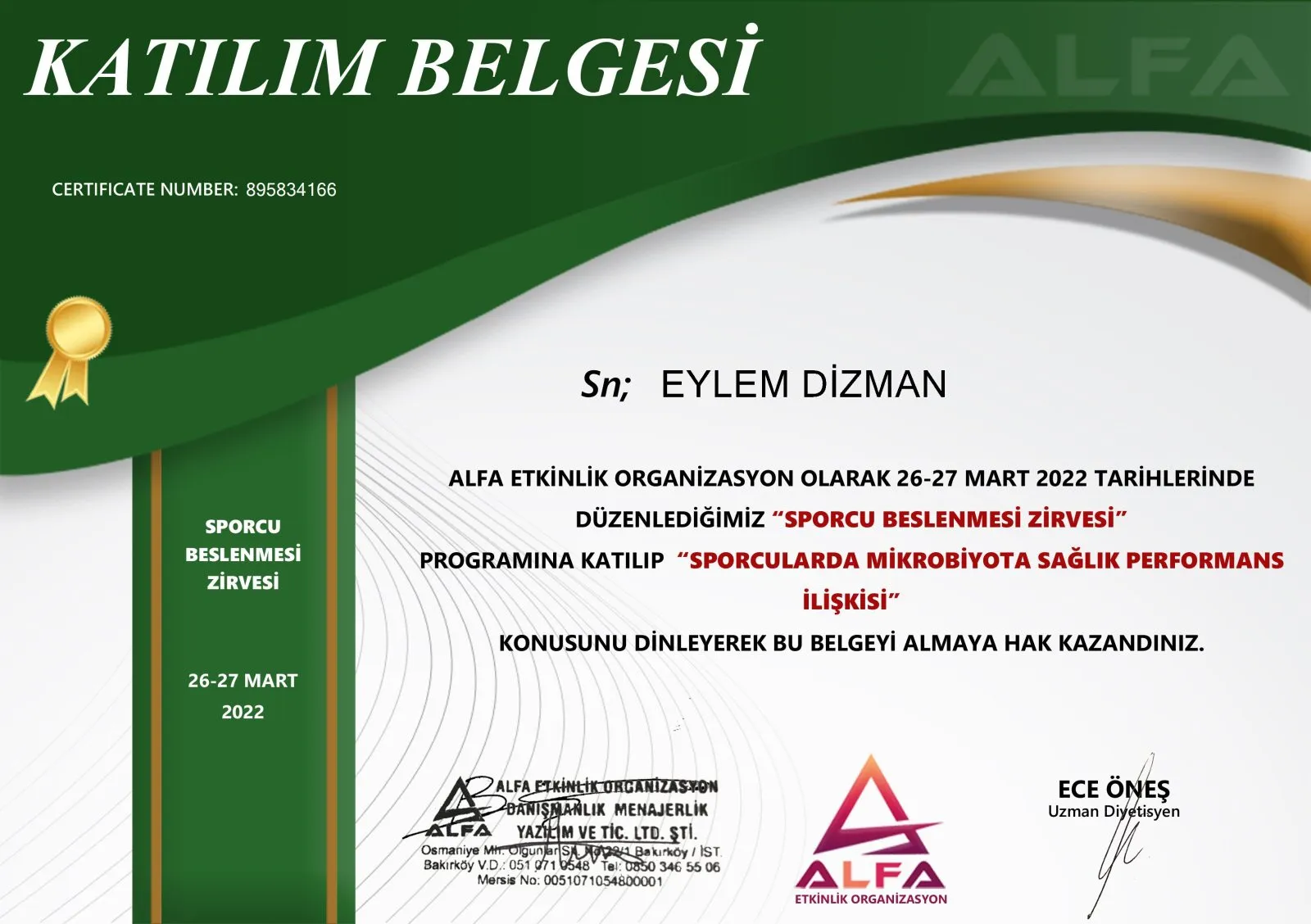Sporcularda Mikrobiyota, Sağlık ve Performans İlişkisi belgesi – ALFA Etkinlik Organizasyon