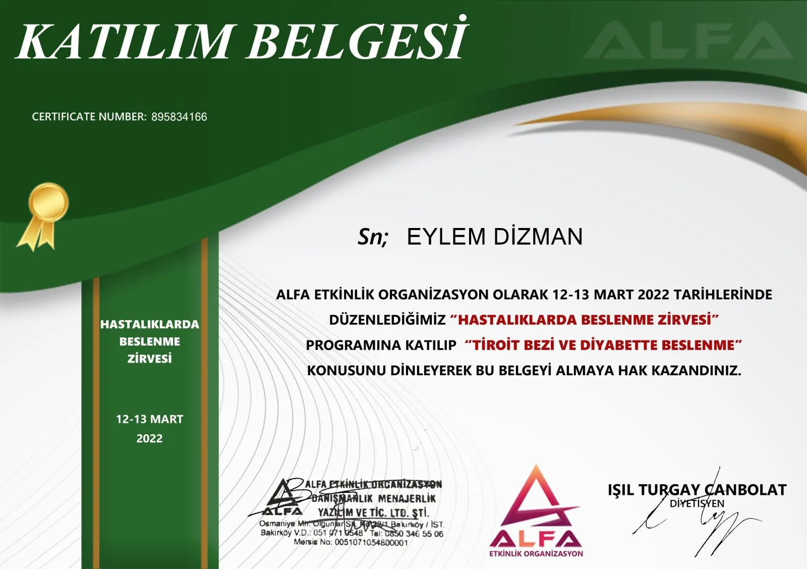 Tiroit Bezi ve Diyabette Beslenme belgesi – ALFA Etkinlik Organizasyon