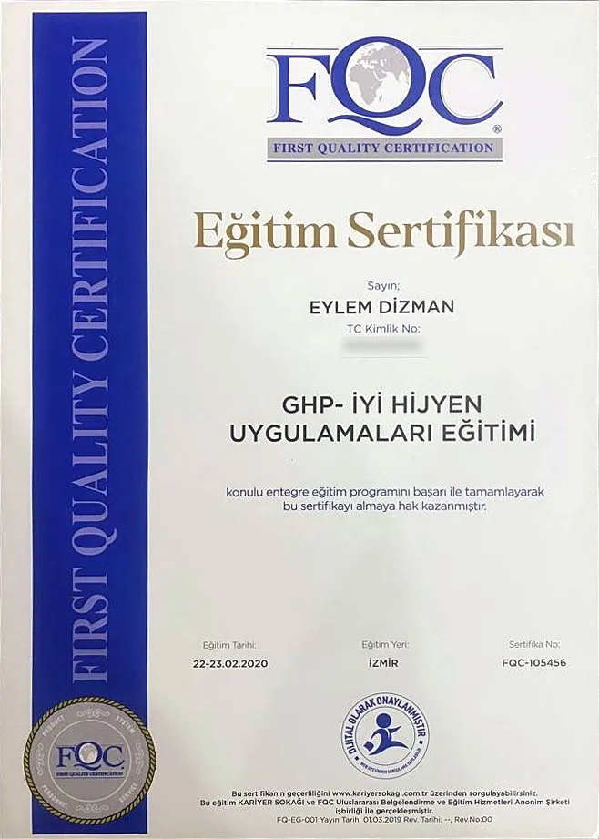 GHP – İyi Hijyen Uygulamaları Eğitimi belgesi – FQC First Quality Certification · Kariyer Sokağı