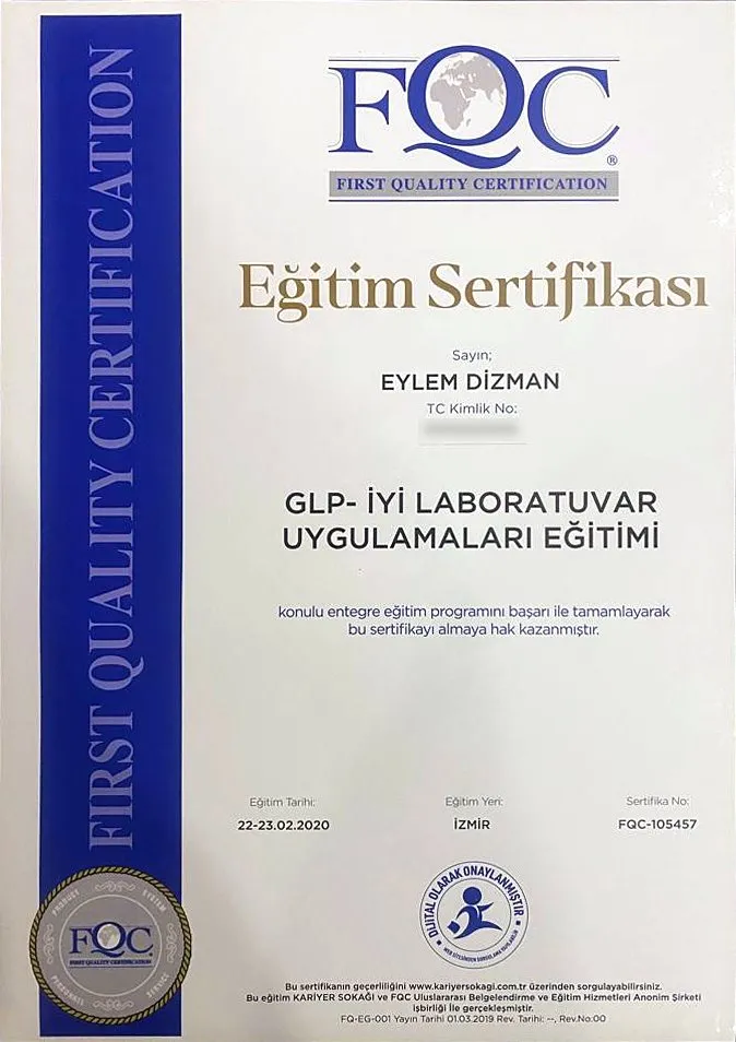 GLP – İyi Laboratuvar Uygulamaları Eğitimi belgesi – FQC First Quality Certification · Kariyer Sokağı