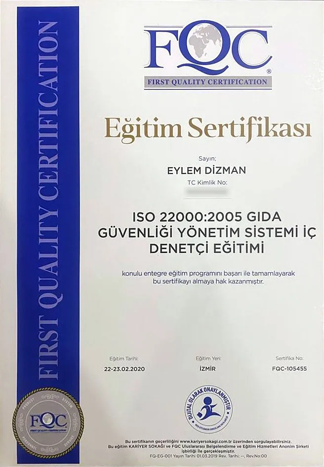 ISO 22000:2005 Gıda Güvenliği Yönetim Sistemi İç Denetçi Eğitimi belgesi – FQC First Quality Certification · Kariyer Sokağı