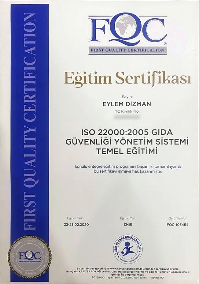 ISO 22000:2005 Gıda Güvenliği Yönetim Sistemi Temel Eğitimi belgesi – FQC First Quality Certification · Kariyer Sokağı