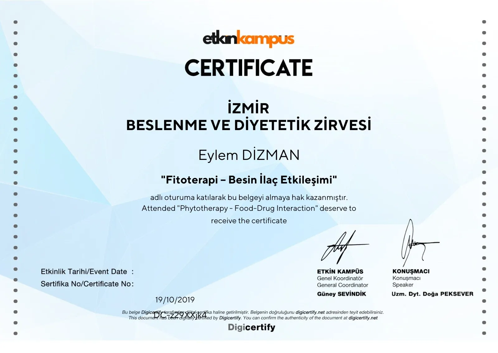 Fitoterapi – Besin İlaç Etkileşimi belgesi – Etkin Kampüs