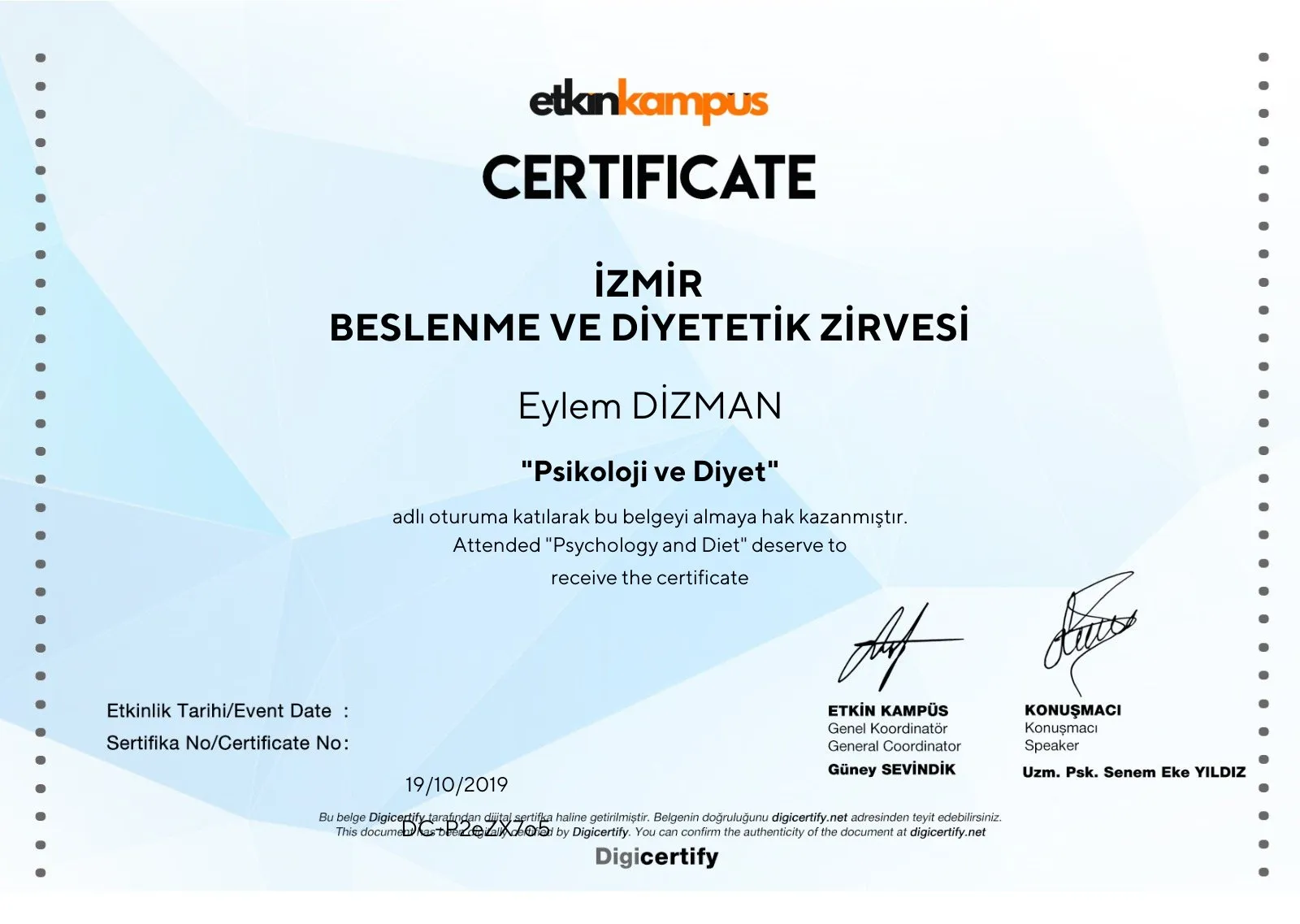 Psikoloji ve Diyet belgesi – Etkin Kampüs